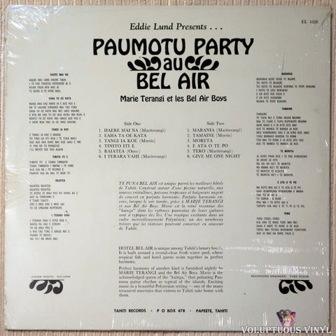 Marie Terangi Et Les Bel Air Boys ‎– Paumotu Party Au Bel Air vinyl record back cover