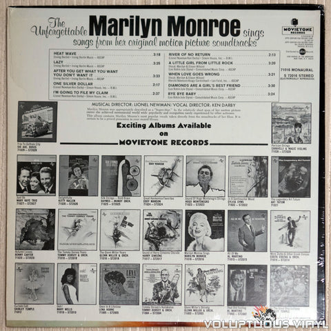 Marilyn Monroe ‎– The Unforgettable Marilyn Monroe Sings Songs From Her Original Motion Picture Soundtracks - Vinyl Record - Back Cover