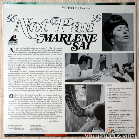 Marlene Sai ‎– “Not Pau” - Vinyl Record - Back Cover