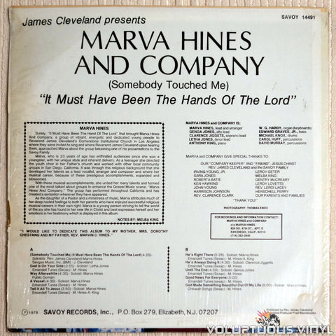 Marva Hines And Company ‎– It Must Have Been The Hands Of The Lord - Vinyl Record - Back Cover