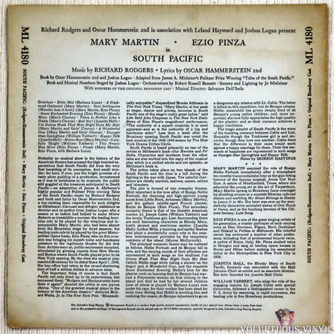 Mary Martin, Ezio Pinza, Richard Rodgers / Oscar Hammerstein 2nd ‎– South Pacific With Original Broadway Cast vinyl record back cover