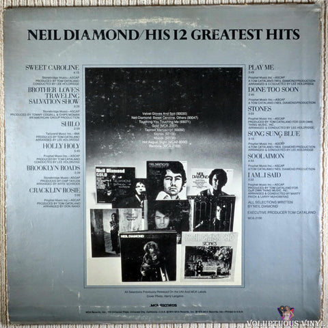 Neil Diamond ‎– His 12 Greatest Hits vinyl record back cover