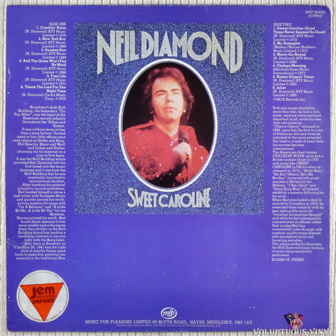 Neil Diamond – Sweet Caroline vinyl record back cover