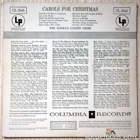 The Norman Luboff Choir ‎– Carols For Christmas vinyl record back cover