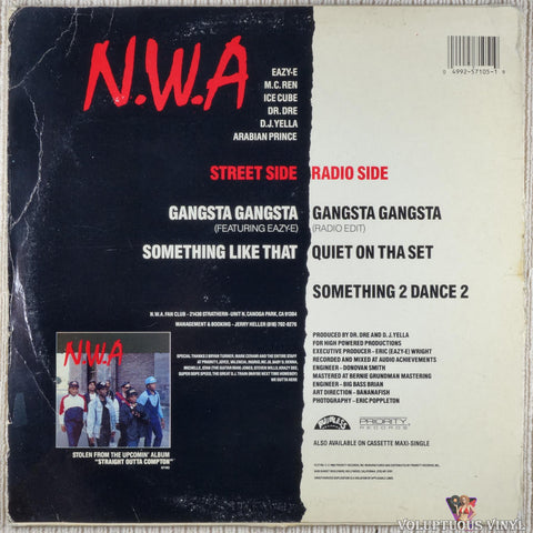 N.W.A. ‎– Gangsta Gangsta vinyl record back cover