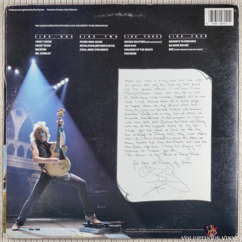 Ozzy Osbourne, Randy Rhoads ‎– Tribute vinyl record back cover