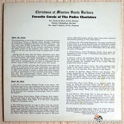 The Padre Choristers ‎– Christmas At Mission Santa Barbara - Vinyl Record - Back Cover