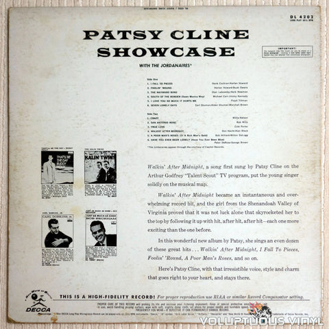 Patsy Cline ‎– Showcase - Vinyl Record - Back Cover