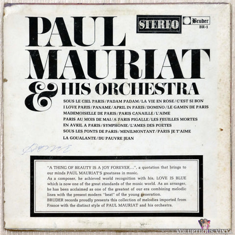 Paul Mauriat And His Orchestra ‎– Paul Mauriat And His Orchestra vinyl record back cover