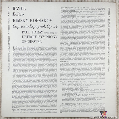 Paul Paray • Detroit Symphony Orchestra ‎– Ravel's Boléro ● Rimsky - Korsakov's Capriccio Espagnol vinyl record back cover