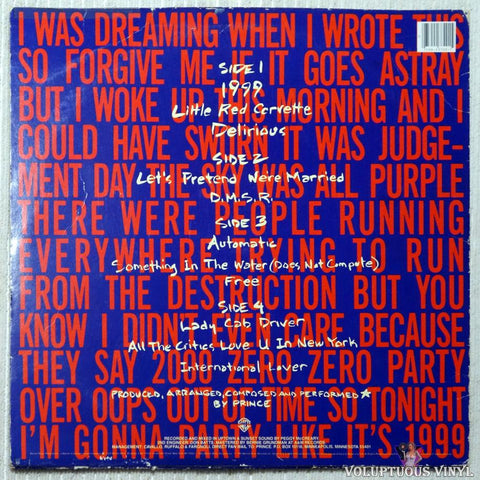 Prince - 1999 vinyl record back cover