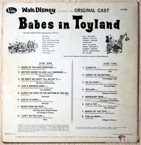 Original Cast Of Babes Of Toyland, Ray Bolger, Tommy Sands, Annette Funicello, Ed Wynn ‎– Babes In Toyland vinyl record back cover