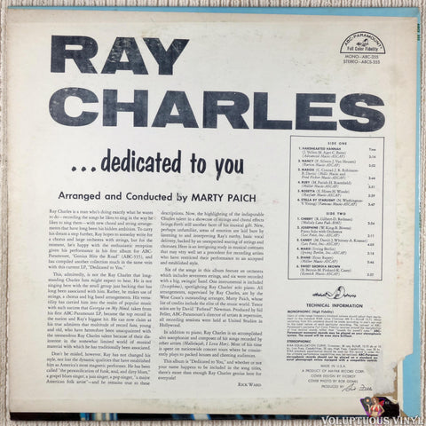 Ray Charles ‎– ...Dedicated To You vinyl record back cover