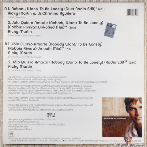 Ricky Martin With Christina Aguilera ‎– Nobody Wants To Be Lonely vinyl record back cover