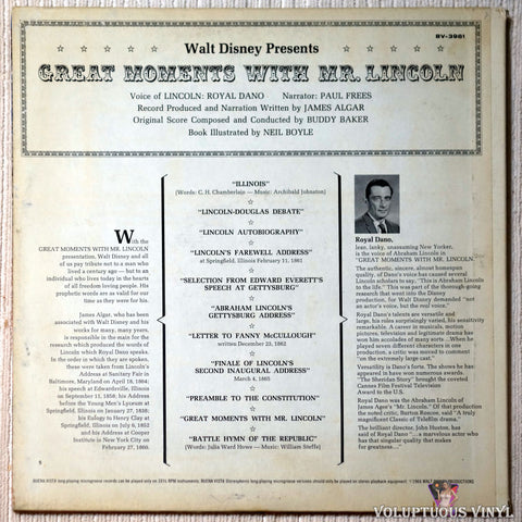 Royal Dano ‎– Great Moments With Mr. Lincoln vinyl record back cover