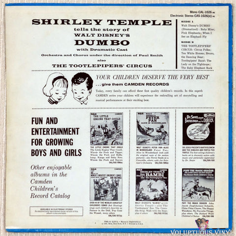 Shirley Temple, The Tootlepipers ‎– Walt Disney's Dumbo Also The Tootlepipers' Circus vinyl record back cover