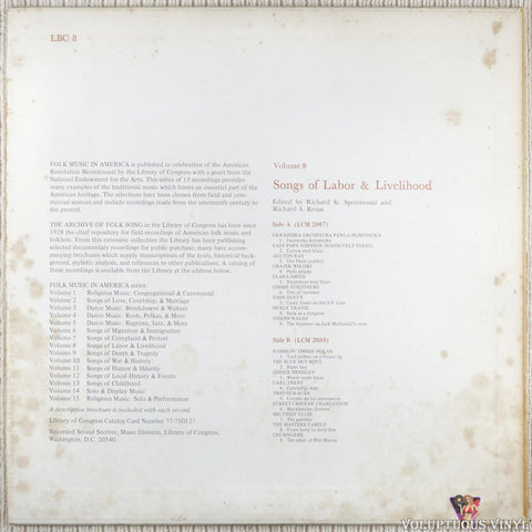 Various – Songs Of Labor & Livelihood vinyl record back cover