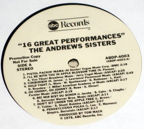 The Andrews Sisters ‎Sixteen Great Performances Vinyl Record ABC Label