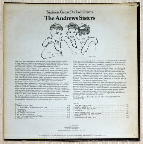 The Andrews Sisters ‎Sixteen Great Performances Vinyl Record Back Cover