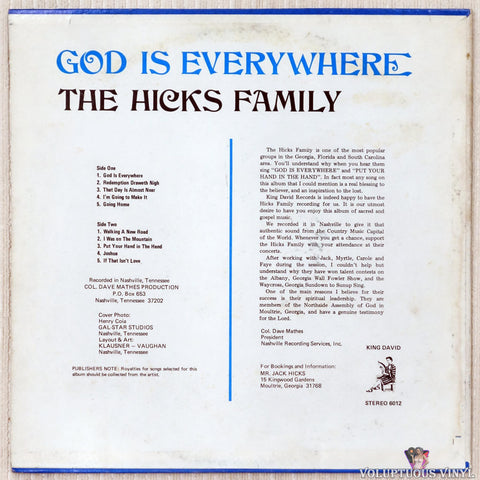 The Hicks Family ‎– God Is Everywhere vinyl record back cover