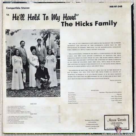 The Hicks Family ‎– He'll Hold To My Hand vinyl record back cover