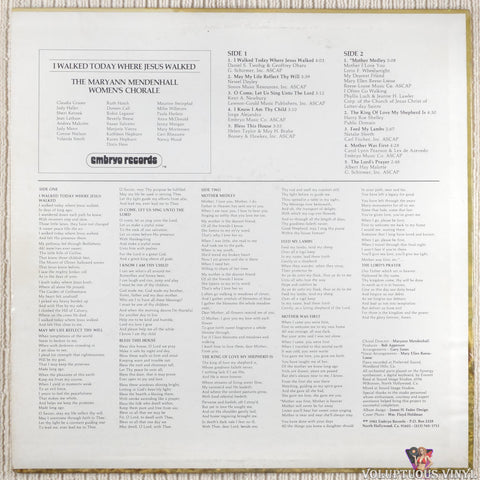 The Maryann Mendenhall Women's Chorale – I Walked Today Where Jesus Walked vinyl record back cover