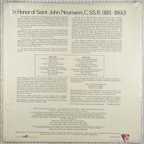 The Redempdorist Community At Saint Alphonsus College – In Honor Of Saint John Neumann, C.SS.R. vinyl record back cover