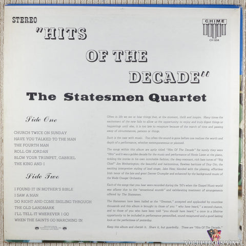 The Statesmen Quartet ‎– "Hits Of The Decade" vinyl record back cover
