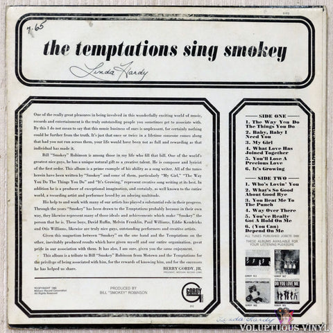 The Temptations ‎– The Temptations Sing Smokey vinyl record back cover