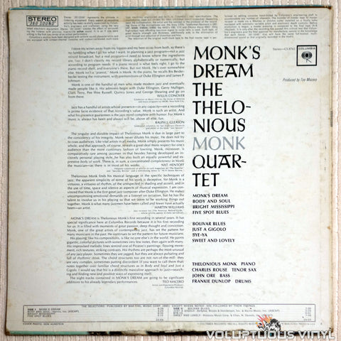 The Thelonious Monk Quartet ‎– Monk's Dream - Vinyl Record - Back Cover