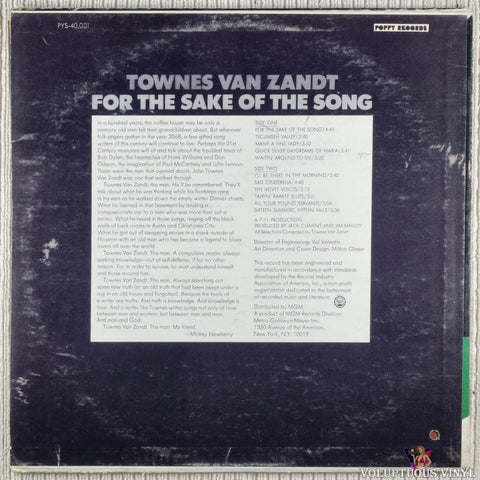 Townes Van Zandt ‎– For The Sake Of The Song vinyl record back cover