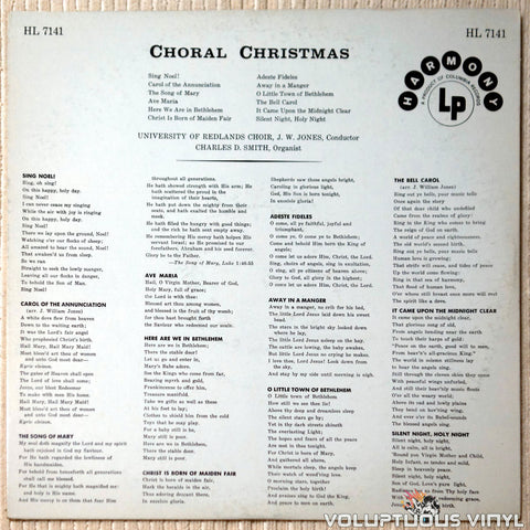 University Of Redlands Choir, J.W. Jones, Charles D. Smith ‎– Choral Christmas vinyl record back cover