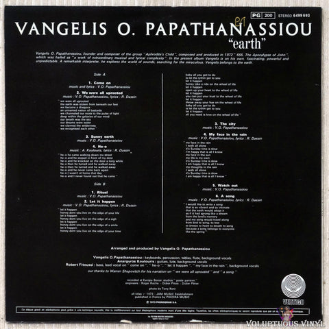Vangelis O. Papathanassiou ‎– Earth vinyl record back cover