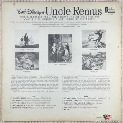 Various ‎– All The Songs From Walt Disney's Uncle Remus vinyl record back cover