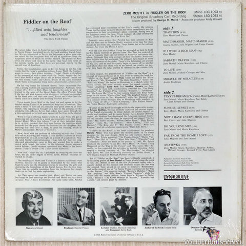 Various ‎– Fiddler On The Roof (The Original Broadway Cast Recording) vinyl record back cover