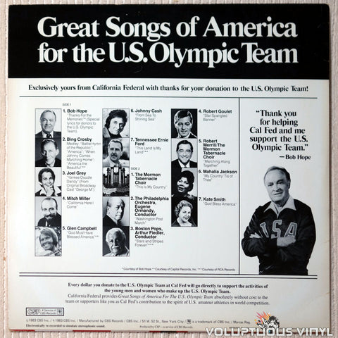 Various ‎– Great Songs Of America For The U.S. Olympic Team vinyl record back cover