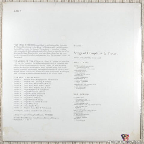 Various ‎– Songs Of Complaint & Protest vinyl record back cover