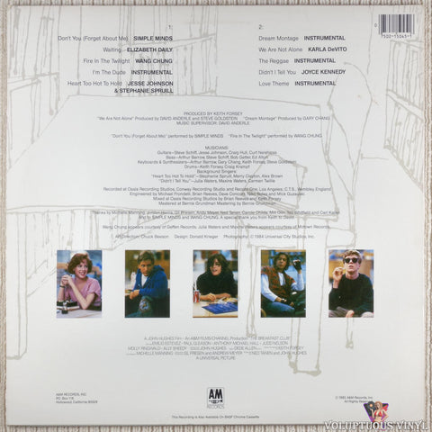 Various ‎– The Breakfast Club (Original Motion Picture Soundtrack) vinyl record back cover