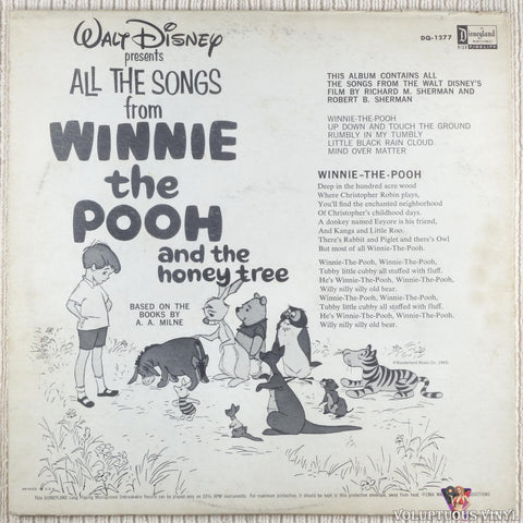 Various – Walt Disney Presents All The Songs From Winnie The Pooh And The Honey Tree vinyl record back cover