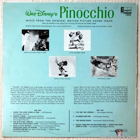 Various ‎– Walt Disney's Pinocchio vinyl record back cover
