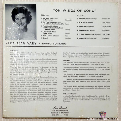 Vera Jean Vary ‎– On Wings Of Song vinyl record back cover