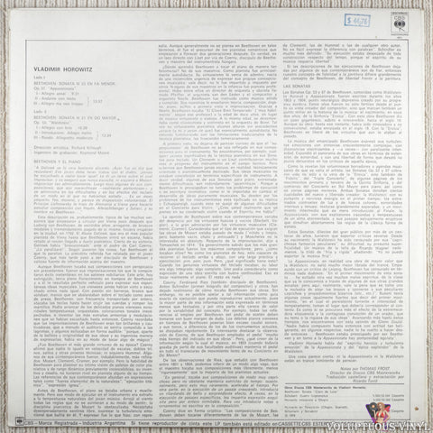 Vladimir Horowitz, Beethoven – Sonata Appassionata - Sonata Waldstein vinyl record back cover