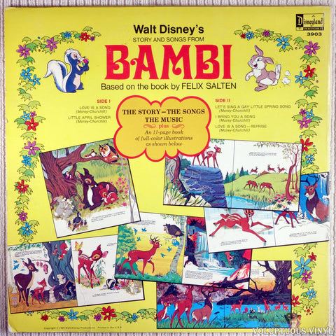 Unknown Artist ‎– Walt Disney's Story And Songs From Bambi vinyl record back cover