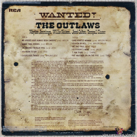 Waylon Jennings, Willie Nelson, Jessi Colter, Tompall Glaser ‎– Wanted! The Outlaws vinyl record back cover