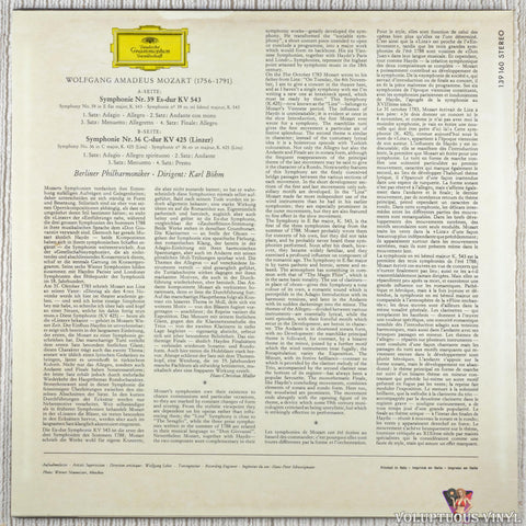 Wolfgang Amadeus Mozart • Karl Böhm, Berliner Philharmoniker – Symphonien Nr. 39 Es-Dur (In E Flat Major) • Nr. 36 »Linzer« vinyl record back cover